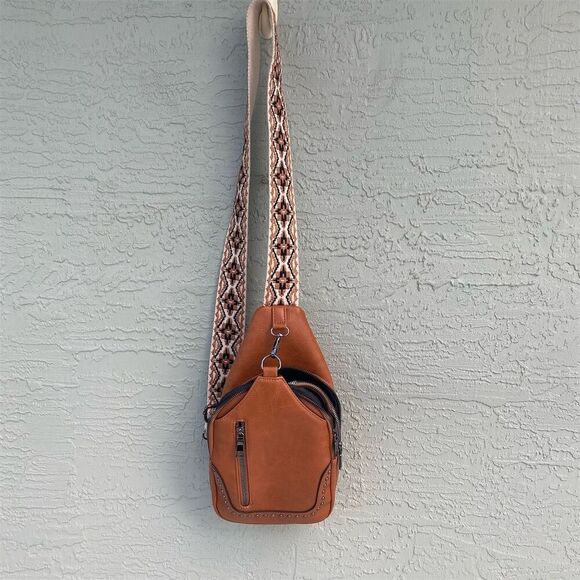 Sam & Hadley Brown Faux Leather Sling Bag Unisex Medium Adjustable Strap - Picture 8 of 16